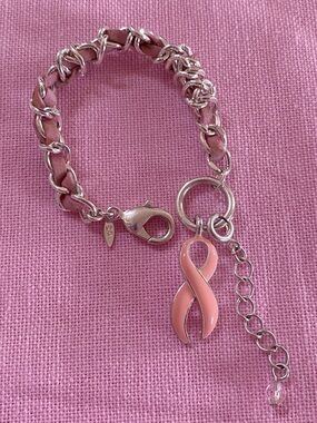Avon Pink Ribbon Charm Chain Bracelet Accessory Key Jewelry Silver Breast Cancer